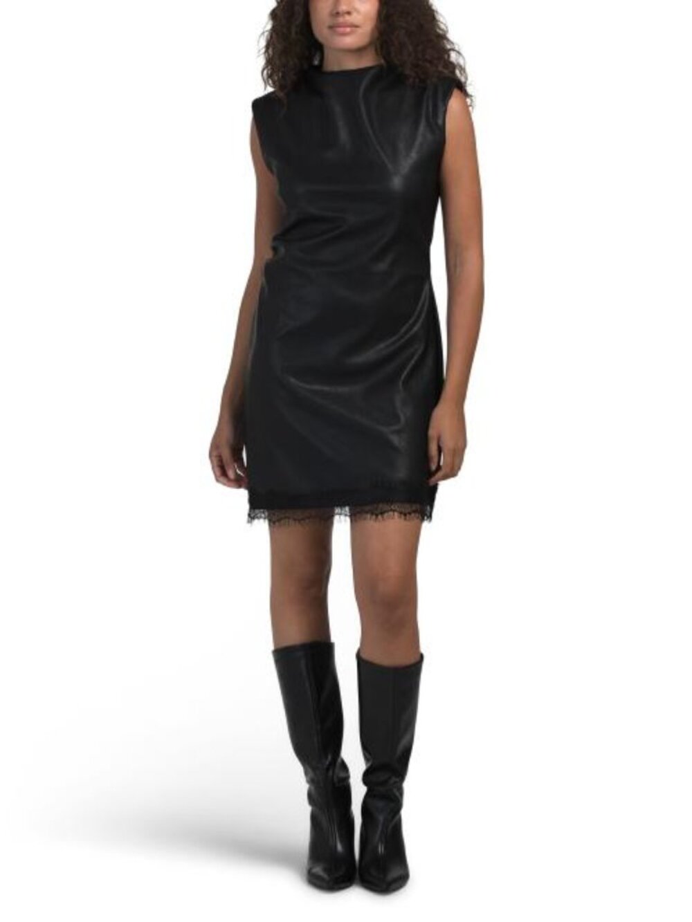 ELLEN TRACY Faux Leather Ruched Lace Hem Mini Dress